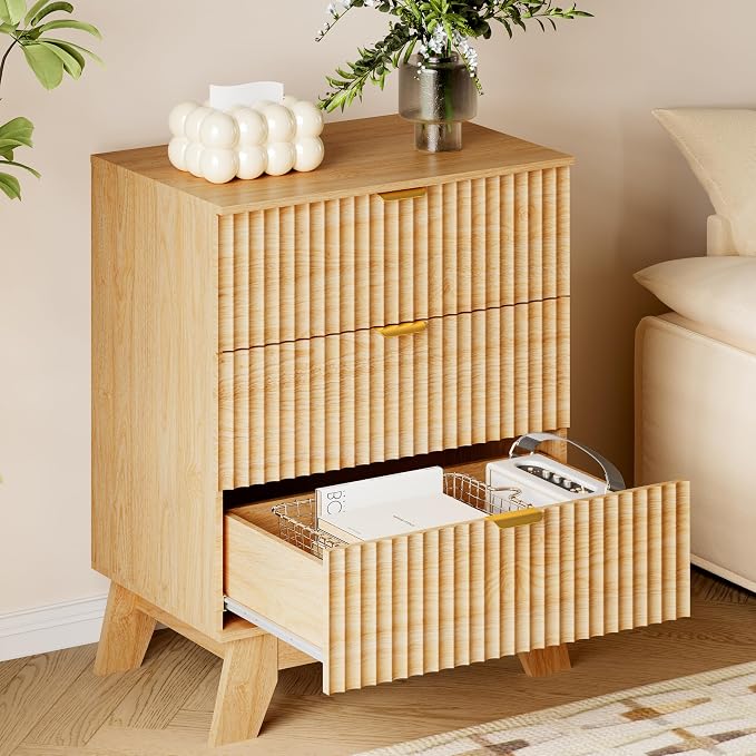 BORNOON Fluted 3 Drawer Dresser, 30.3" Tall Compact Modern Boho Chest of Drawers, Wooden Storage Cabinet for Bedroom, Living Room, Entryway, Curved Profile Design