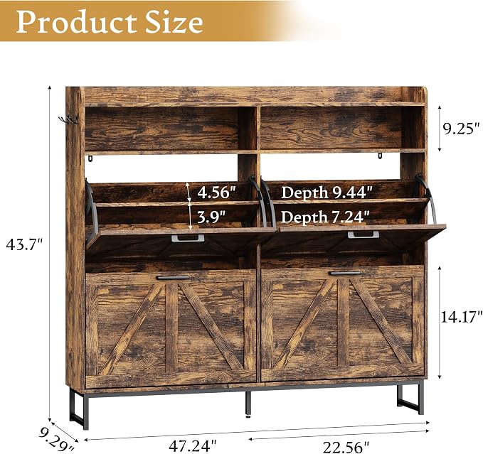 Wodeer Shoe Cabinet Storage for Entryway, Shoe Storage Cabinet with 4 Flip Drawers, Freestanding Narrow Shoe Rack Organizer with Metal Legs, Adjustable Shelves & Open Storage for Foyer, Hallway, Brown
