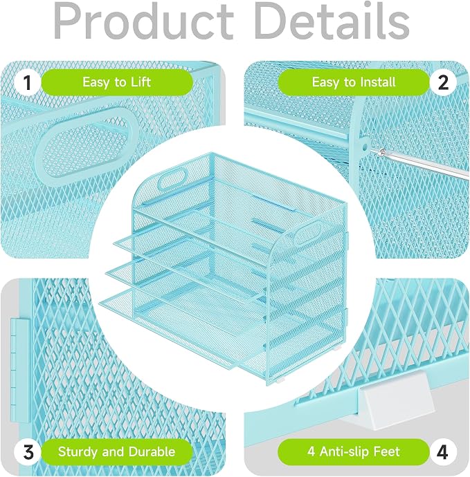 Cawukege 2 Pack 5 Tier Paper Organizer, Letter Tray with Handle, Mesh Desk Organizer, Metal File Organizer, Office Desk Accessories for Home, Office, Classroom, School -Blue