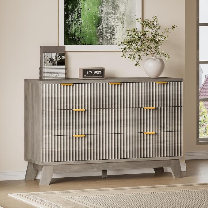 BORNOON Fluted 7 Drawer Dresser, 47.2" Wide Modern Boho Chest of Drawers, Wooden Storage Dresser TV Stand for Bedroom, Living Room, Closet, Hallway, Curved Profile Design