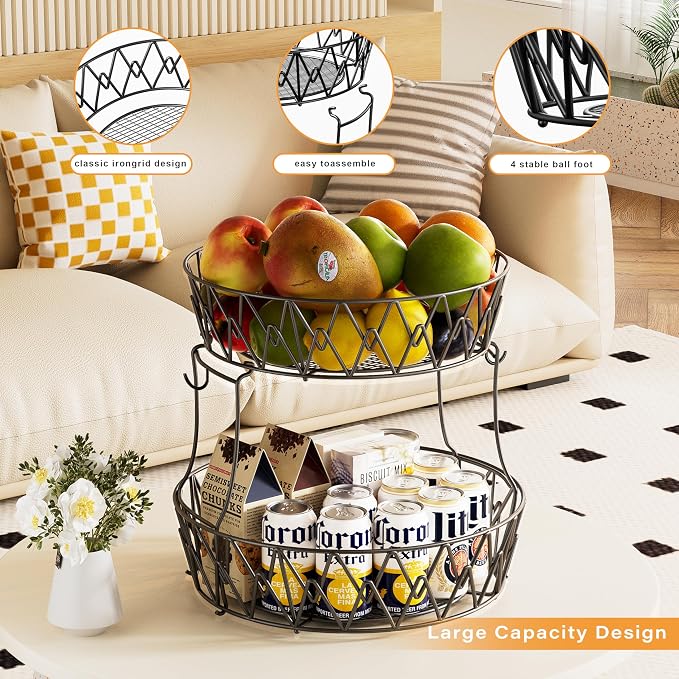 2 Tier Fruit Basket for Kitchen Counter with 2 Banana Hangers,Black Round | 2-Tier Fruit Basket Bowl Stackable Vegetable Storage for Kitchen Countertop, Metal Wire Basket for Bread Onions Potatoes