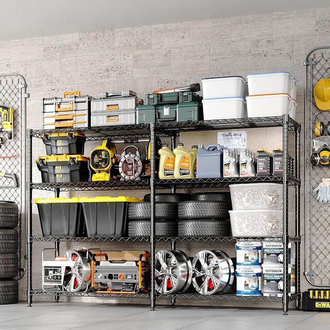 Garvee Metal Storage Shelves 4-Tiers, Standing Garage Shelving Unit 59"W x 13.8"D x 59.5"H, Heavy Duty Wire Shelving Rack Load 1060LBS, Adjustable Storage Shelf for Home Kitchen Pantry Basement(Black)