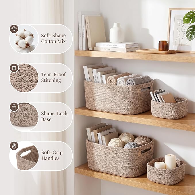 5-Pack Large Woven Rope Storage Baskets, 2 Sizes Organizer Bins | Fabric Cube Boxes and Rectangular Shallow Bins for Closet, Shelf, Bookshelf, Nursery, Changing Table, Bathroom, Toys & Home