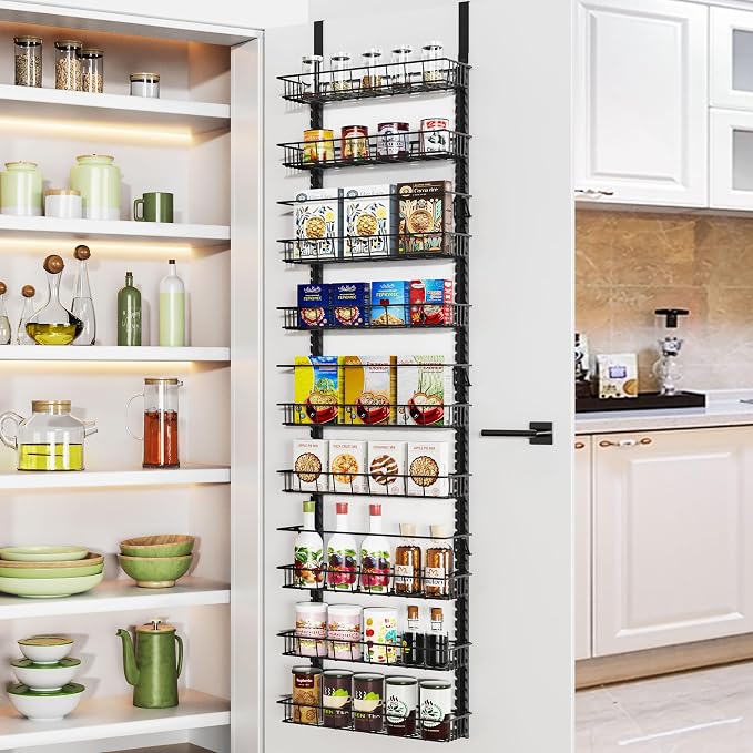 Churboro Over the Door Pantry Organizer Rack with 9 Adjustable Baskets, 9 Tiers Dual-use Hanging or Wall Mount Spice Rack Organizer, Black