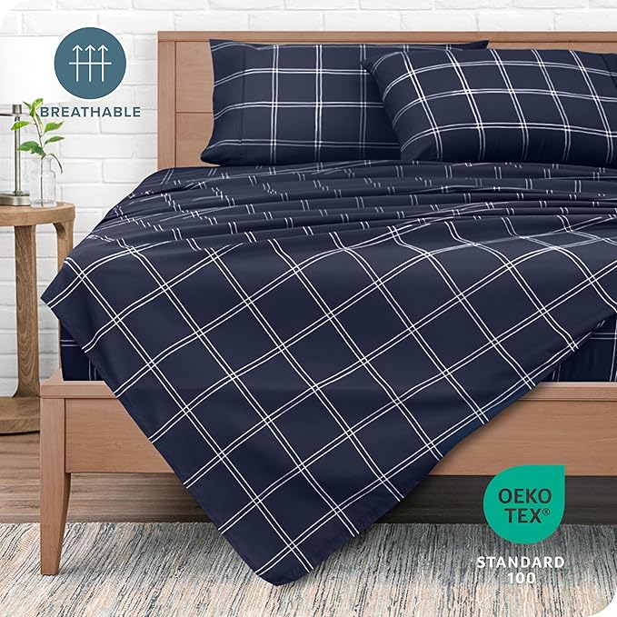 Bare Home California King Sheet Set - Luxury 1800 Ultra- Soft Double Brushed Microfiber - Deep Pockets - Easy Fit - 4 Piece Bedding Sheet Set (Cal King, Modern Plaid - Midnight/White)