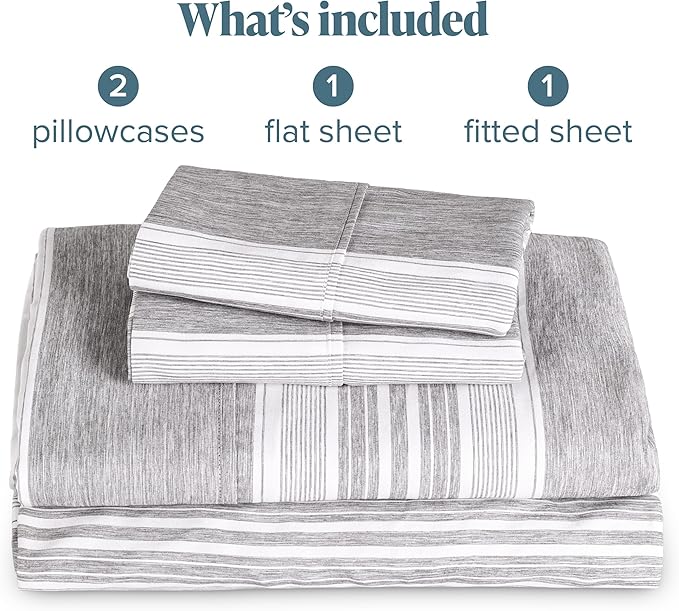 Bare Home California King Sheet Set - 1800 Ultra-Soft Microfiber Cal King Bed Sheets - Double Brushed - Deep Pockets - Easy Fit - 4 Piece Set (Cal King, Heathered Charcoal - Stripe)