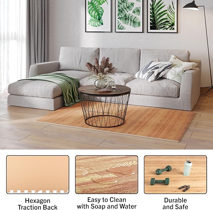 EVA Foam Floor Tiles 6-Pack - 24 SQFT Puzzle Mats for Floor - Interlocking Foam Tiles for Family Room or Gym Flooring by Stalwart (Light Woodgrain)