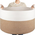 OIASKET XXL Large Blanket Storage Basket for Living Room, 105L Woven Cotton Rope Basket with Handles, Baby Toy Storage, Laundry Hamper for Clothes, Pillows, Towels-Yellow and White