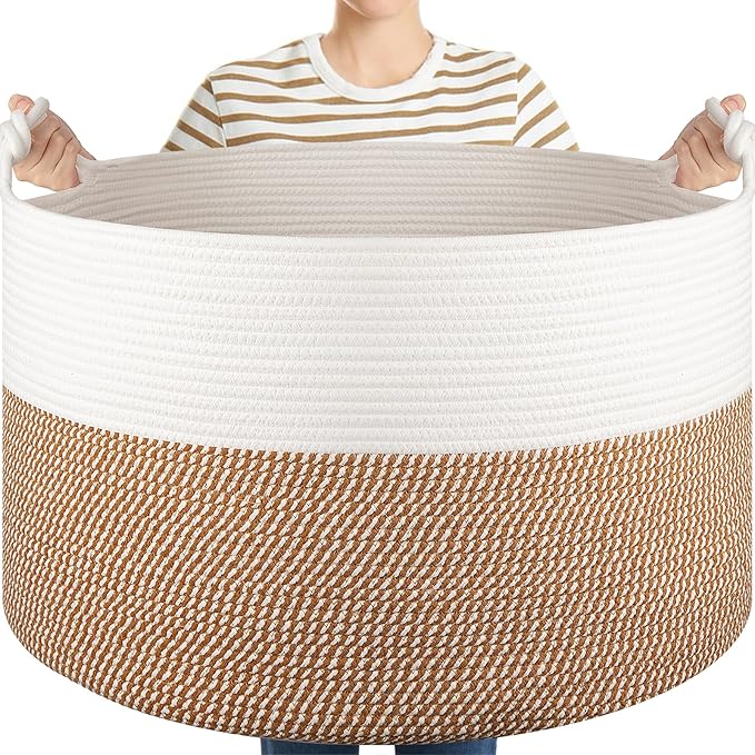 OIASKET XXL Large Blanket Storage Basket for Living Room, 105L Woven Cotton Rope Basket with Handles, Baby Toy Storage, Laundry Hamper for Clothes, Pillows, Towels-Yellow and White