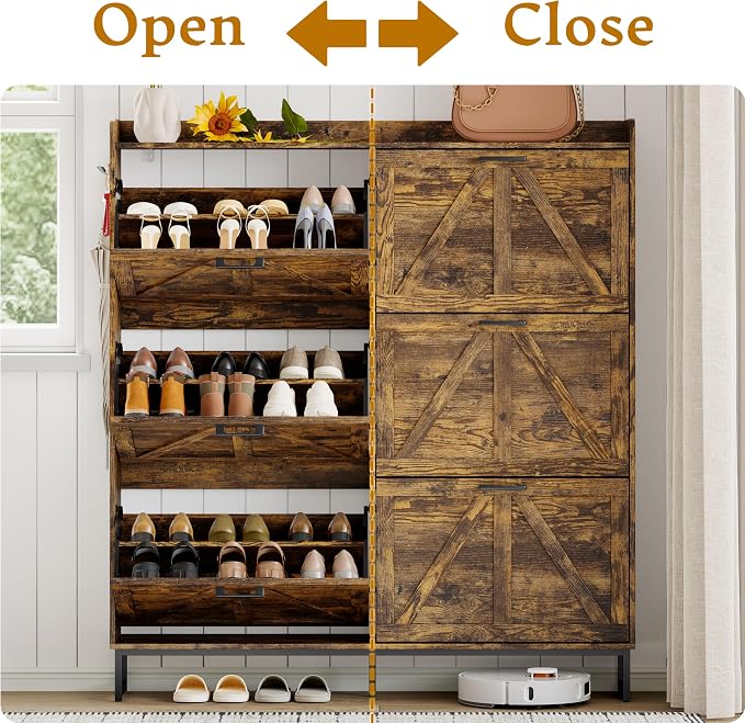 Wodeer Shoe Cabinet Storage for Entryway, Shoe Storage Cabinet with 6 Flip Drawers, Freestanding Narrow Shoe Rack Organizer with Metal Legs, Adjustable Shelves & Open Storage for Foyer, Hallway, Brown