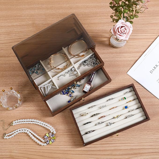 CLUQMEIK 3-layer Wooden Drawer Jewelry Organizers and Storage Box with Grey Acrylic Lid and Velvet Lining, Jewelry Box for Women and Girls to Store Rings Earrings Bracelets Necklaces
