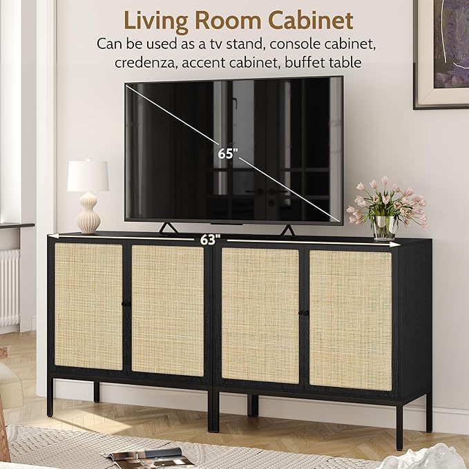 Yechen Set of 2 63" Sideboard Cabinet with Natural Rattan Doors, Buffet Console & Accent Cabinet, Rattan Credenza Storage with Metal Legs for Living Room, Kitchen, Dining Room/Black+Nautural