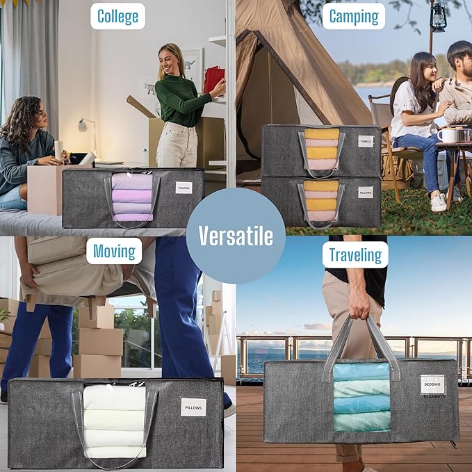 VENO 2 Pack Heavy Duty Moving Bags, Christmas Storage Bins with Lids, Transparent Window Design, Alternative to Moving Boxes, Storage Bags for Clothes, Blankets, Comforters, Pillows (Gray, 2 Pack)