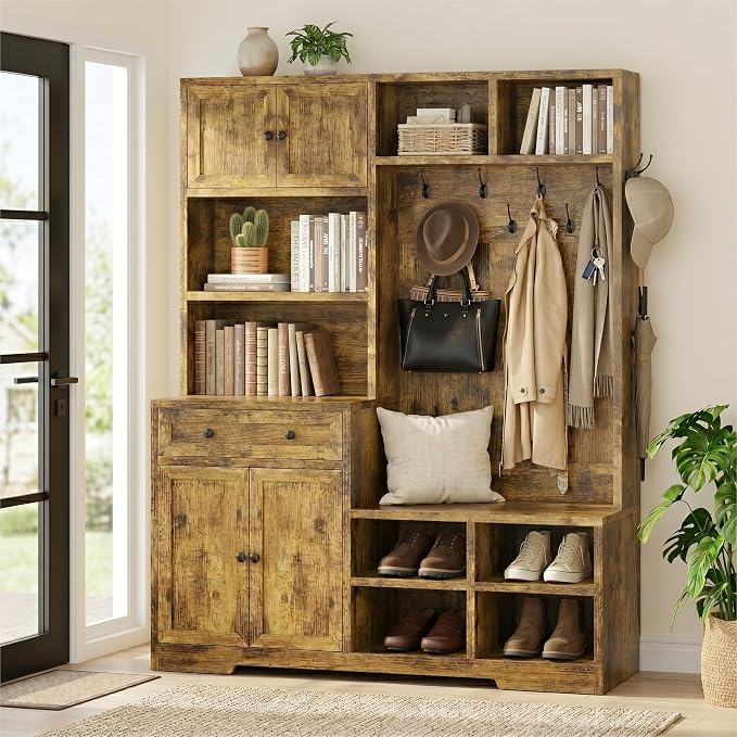 Einhomn 5-in-1 Hall Tree with Bench and Shoe Storage, 51" W Entryway Organizer Coat Rack with 9 Hooks, 4 Storage Cabinets, Drawer, Open Cubbies for Mudroom, Hallway, Living Room, Rustic Brown