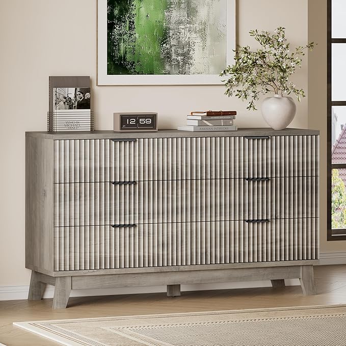 BORNOON 53" Long Dresser for Bedroom, 6-Drawer Dresser with Fluted Fronts, Wide Wood Chest of Drawers, Smooth Metal Slides, Stable Base, Modern Clothes Storage Cabinet for Living Room, Hallway