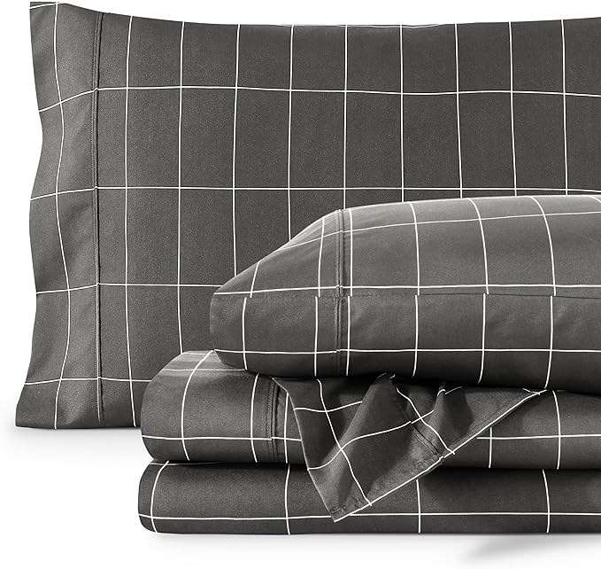 Bare Home King Sheet Set - Luxury 1800 Ultra- Soft Double Brushed Microfiber - Deep Pockets - Easy Fit - 4 Piece Bedding Sheet Set (King, Grid - Grey/White)
