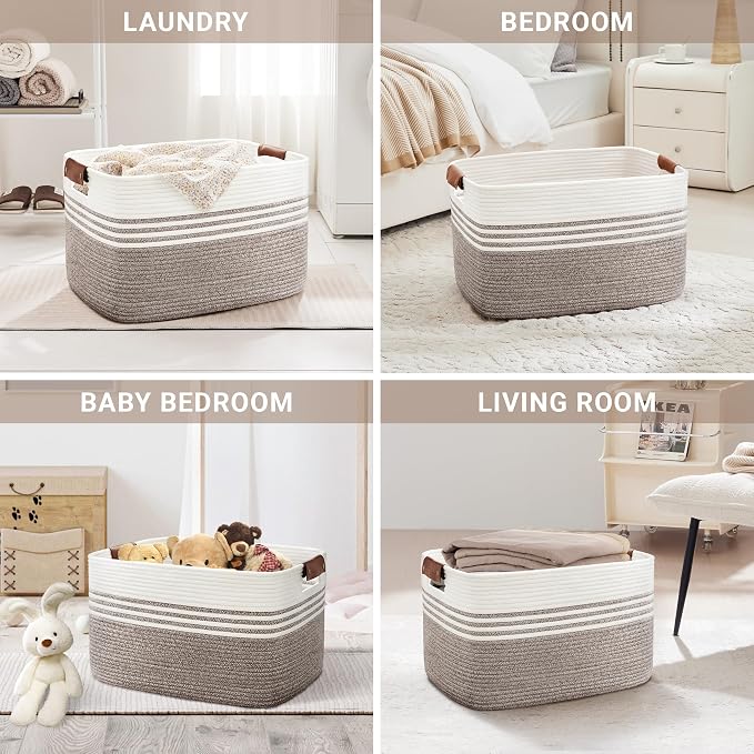 86L Woven Laundry Basket Hamper with Leather Handles,Dark Brown | 24"x16"x14", collapsible wicker hamper, storage for dirty clothes, toys, blankets, gifts, living room, bedroom, bathroom