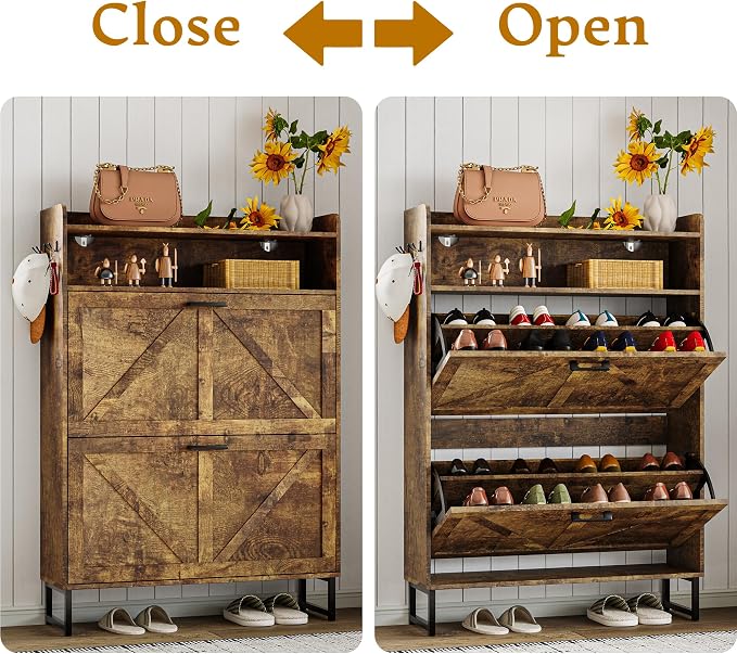 Wodeer Shoe Storage Cabinet with 2 Flip Drawers, Narrow Wood Shoe Cabinet Storage for Entryway with Metal Legs & Hooks, Adjustable Shelves, Freestanding Shoe Rack Organizer for Foyer, Hallway, Brown