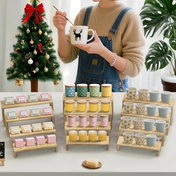 Large 2 Set wood tone Wooden Tiered Display Stands 4 Tier Stackable Pine Wood Display Risers, Suitable for Vendor Events, Cupcake Stands, cake stand Wooden Dessert Table Sets, Vendor Booth Displays,Cosmetic & Perfume Display Tools, Kitchen Spice Storag...