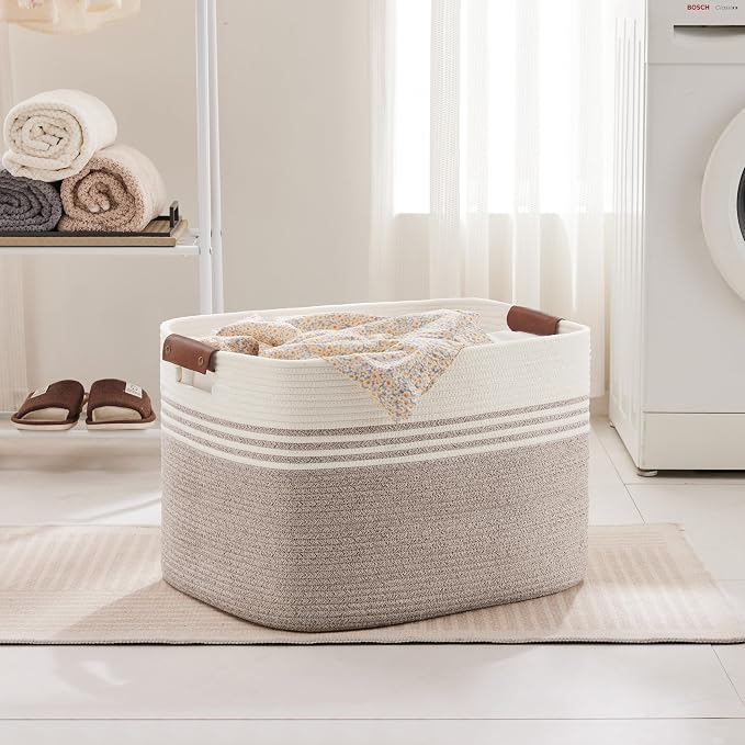 100L Large Woven Laundry Basket Hamper with Leather Handles,Brown | 24"x16"x16", collapsible wicker hamper, storage for dirty clothes, toys, blankets, gifts, living room, bedroom, bathroom