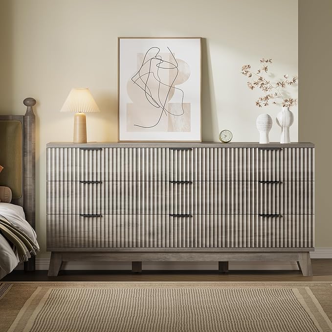 BORNOON 63" Long Dresser for Bedroom, 9-Drawer Fluted Dresser, Extra-Wide Wood Chest of Drawers with Smooth Metal Slides, Stable Base, Modern Clothes Storage Cabinet for Living Room, Hallway, Nursery