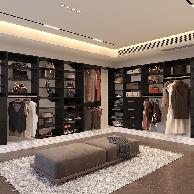 Modular Closet, 66" Wide Organizer with Hanging Shelves, Wood Tower Closet Storage, Wall-Mounted Wardrobe Organizer Kit in Black