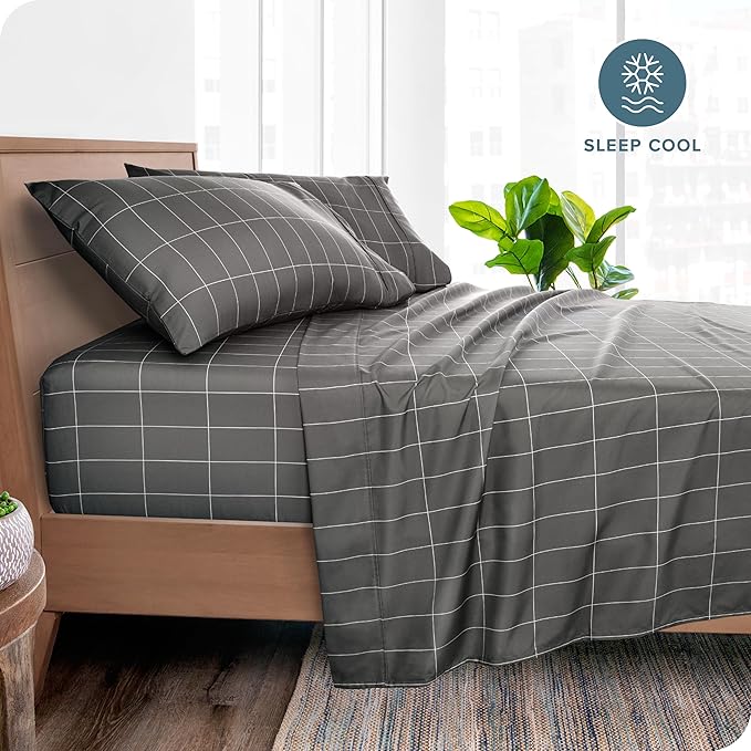 Bare Home King Sheet Set - Luxury 1800 Ultra- Soft Double Brushed Microfiber - Deep Pockets - Easy Fit - 4 Piece Bedding Sheet Set (King, Grid - Grey/White)