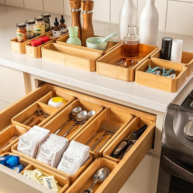 SMIRLY 5-Piece Bamboo Kitchen Drawer Organizer Set for Large and Small Utensils, Multi-use Storage Box - Bathroom, Nightstand, Jewelry, Cutlery, Knife, Spice, Towel, Junk Drawer Tray (Pack of 2)