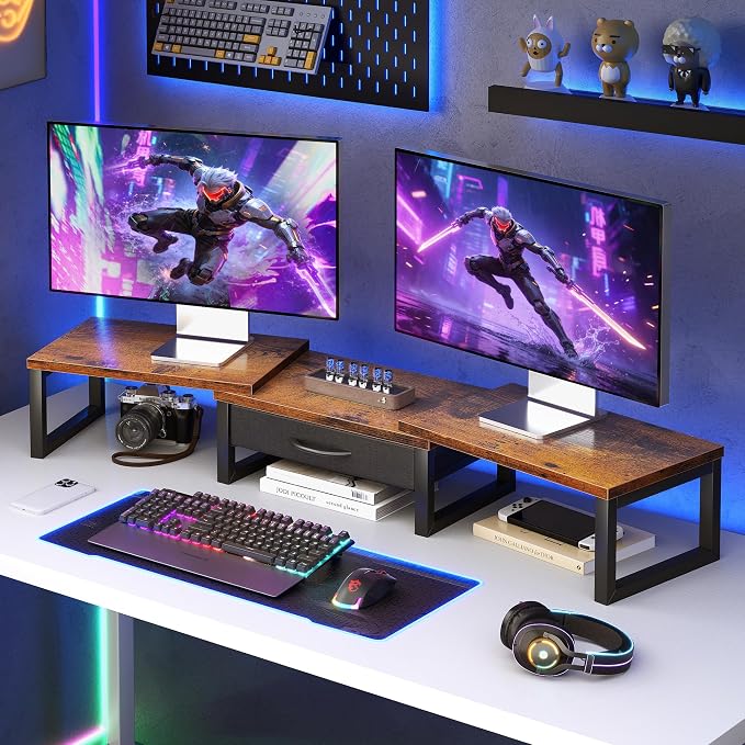 Desk Organizers and Accessories, Dual Monitor Stand Riser with Drawer, Computer Monitor Stand, Adjustable Desk Shelf for PC Laptop Printer TV, Brown