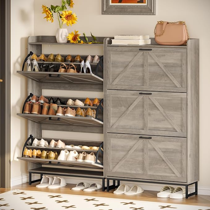 Wodeer Shoe Cabinet Storage for Entryway, Shoe Storage Cabinet with 3 Flip Drawers, Freestanding Narrow Shoe Rack Organizer with Metal Legs & Side Hook for Foyer, Hallway, Grey