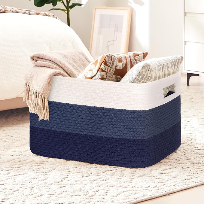 86L Large Woven Laundry Basket Hamper with Handles, Gradient Blue | 24"x16"x14", collapsible wicker hamper, storage for dirty clothes, toys, blankets, gifts, living room, bedroom, bathroom
