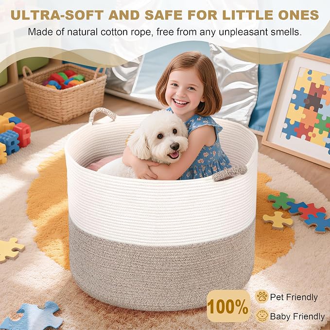 XXXL Large Blanket Basket for Living Room, 21.7" x 13.8" Woven Cotton Rope Laundry Hamper for Pillows, Towels & Toy Storage - Decorative Round Storage Basket with Handles for Nursery, Baby & Dog Toys