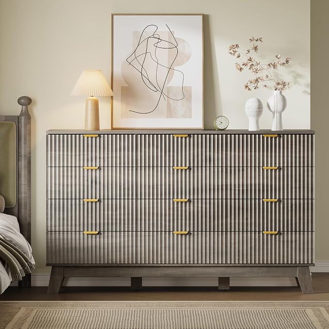 BORNOON 57" Wide Dresser for Bedroom, 12-Drawer Fluted Dresser with Metal Handles, Wood Chest of Drawers with Smooth Slides and Stable Base, Modern Storage Cabinet for Living Room, Nursery
