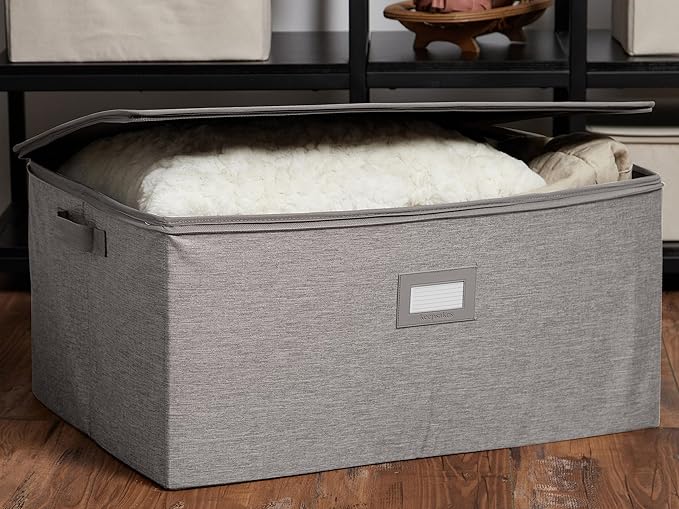 Covermates Keepsakes Zip-Top Storage Box Set, 3 Pack Heavy Duty Polyester Organizer Bins, Stackable Design, ID Window, Reinforced Handles, Closet Home Storage, Grey Heather