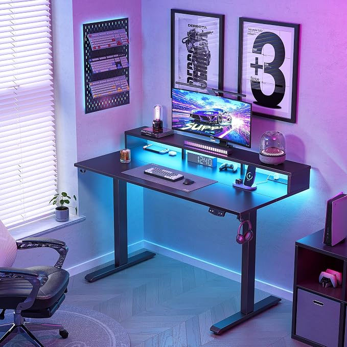 Klicelor Electric Standing Desk with Shelf, 55 Inch Height Adjustable Desk with Power Outlets & LED, Sit Stand Up Table with Monitor Stand, Computer Workstation for Home Office, Black