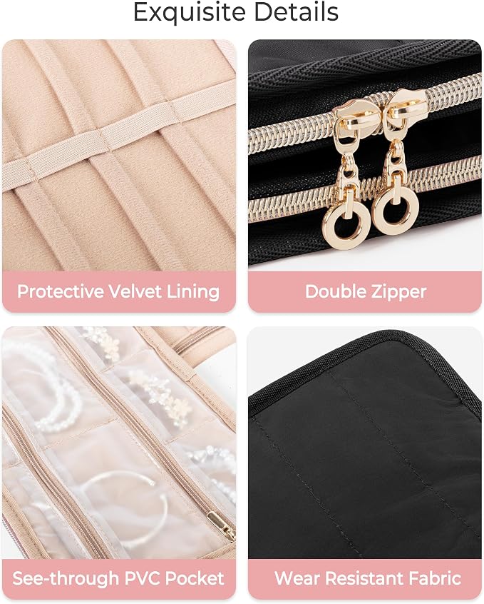 Marscamd Travel Jewelry Case Organizer, Foldable Jewelry Bag, Black | with Zipper Jewelry Bag for Earrings, Rings, Necklaces, Bracelets, Brooches