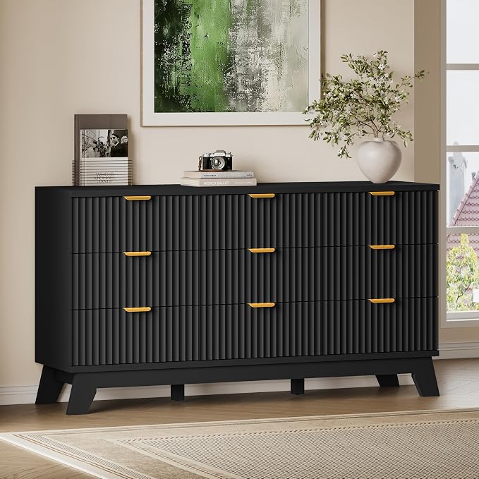 BORNOON Fluted 9 Drawer Dresser, 57.1" Wide Modern Boho Chest of Drawers, Wooden Storage Dresser TV Stand for Bedroom, Living Room, Closet, Hallway, Curved Profile Design