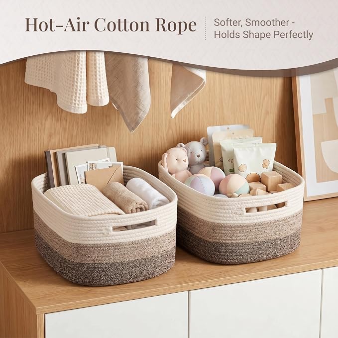 4-Pack Large Woven Rope Storage Baskets, 2 Sizes Organizer Bins | Fabric Cube Boxes and Rectangular Shallow Bins for Closet, Shelf, Bookshelf, Nursery, Changing Table, Bathroom, Toys & Home