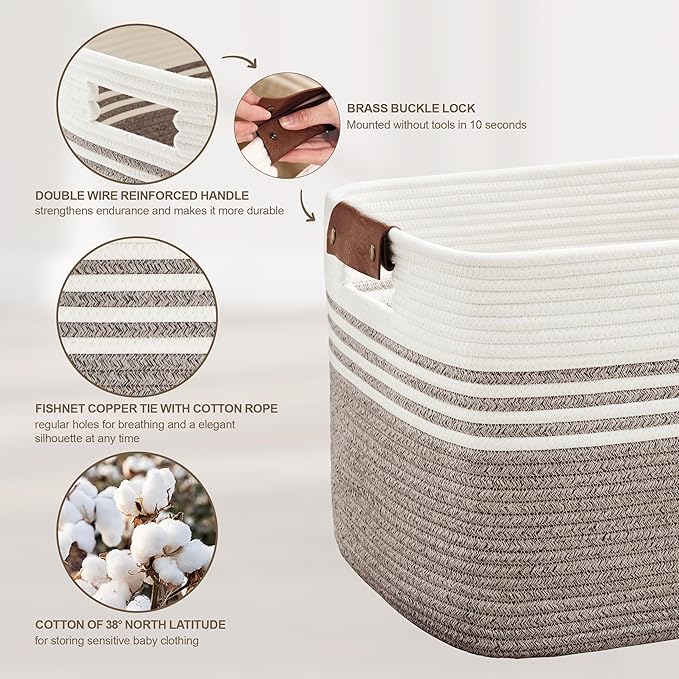 86L Woven Laundry Basket Hamper with Leather Handles,Dark Brown | 24"x16"x14", collapsible wicker hamper, storage for dirty clothes, toys, blankets, gifts, living room, bedroom, bathroom