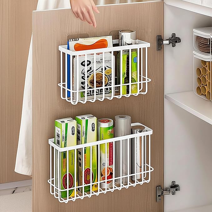 Cabinet Door Organizer 2Pcs, Foil and Plastic Wrap Organizer with 2 Sponges, Cabinet Door Storage with 2 Caddy Adhesive, for Aluminum Foil, Plastic Wrap, Wool Dryer Balls, White,(Medium, Large)
