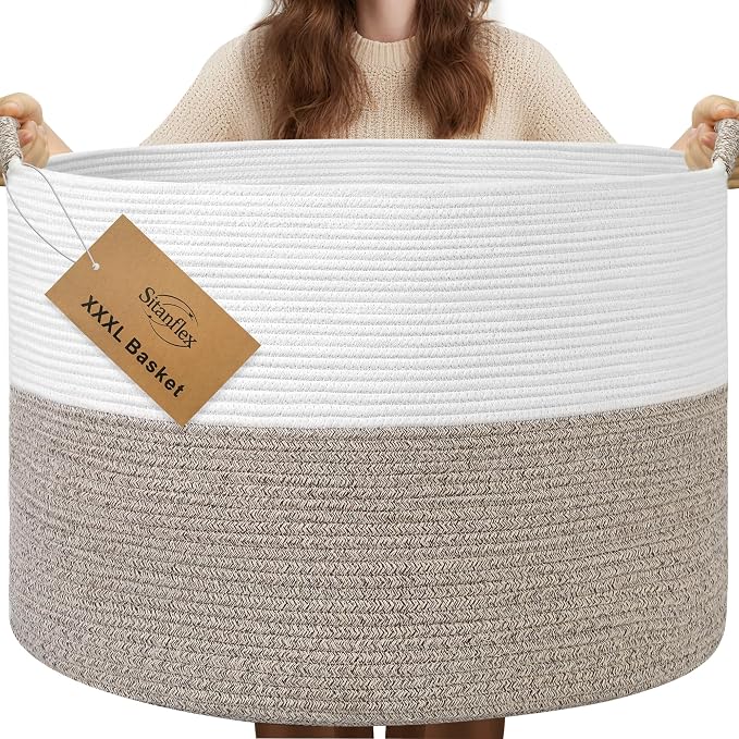 XXXL Large Blanket Basket for Living Room, 21.7" x 13.8" Woven Cotton Rope Laundry Hamper for Pillows, Towels & Toy Storage - Decorative Round Storage Basket with Handles for Nursery, Baby & Dog Toys