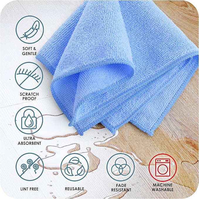 Hearth & Harbor Microfiber Cleaning Cloth, Microfiber Towels for Cars 24 Pack Washcloths, Blue Cleaning Rags, Reusable Microfiber Towel, Microfiber Cloth Rags for Cleaning, Lint Free Cloth