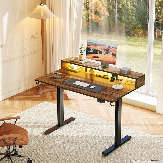Klicelor Electric Standing Desk with Shelf, 48 Inch Height Adjustable Desk with Power Outlets & LED, Sit Stand Up Table with Monitor Stand, Computer Workstation for Home Office, Dark Walnut