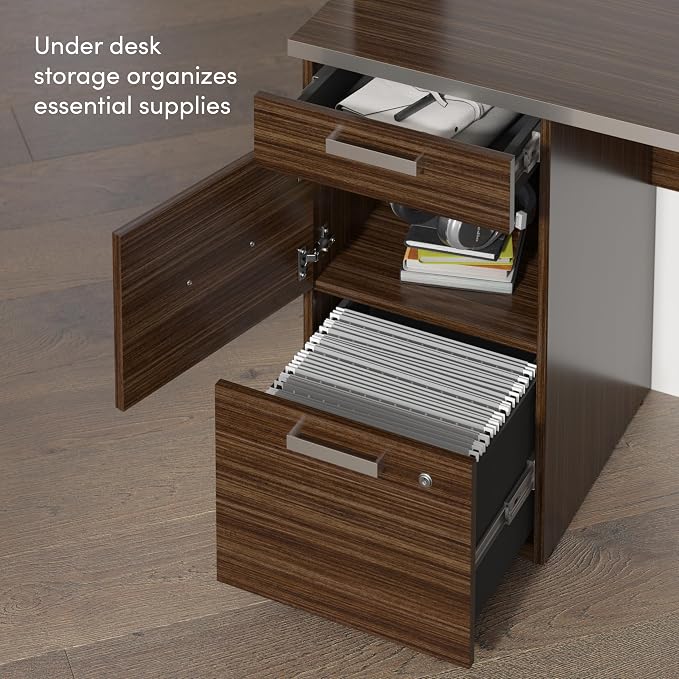Bestar, Ridgeley Collection, Modern Executive Computer Desk with Pedestal and Hutch | With Pedestal and Hutch; Made in North America; for home or professional office use; 2 adjustable shelves; Metal construction