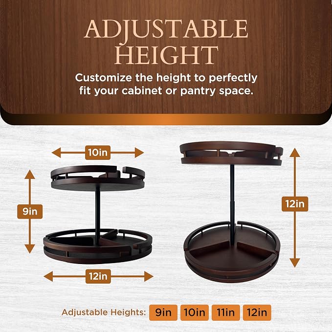 2 Tier Lazy Susan Organizer – 12" Bamboo Rotating Spice Rack Organizers with Adjustable Height Turntable for Cabinet, Pantry, Medicine Cabinet, Kitchen, Spinning Bathroom Counter Top Organizers