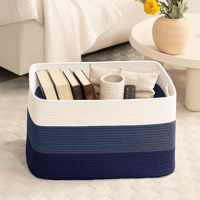 45L Small Woven Laundry Basket Hamper with Handles, Gradient Blue | 18"x14"x11", collapsible wicker hamper, storage for dirty clothes, toys, blankets, gifts, living room, bedroom, bathroom