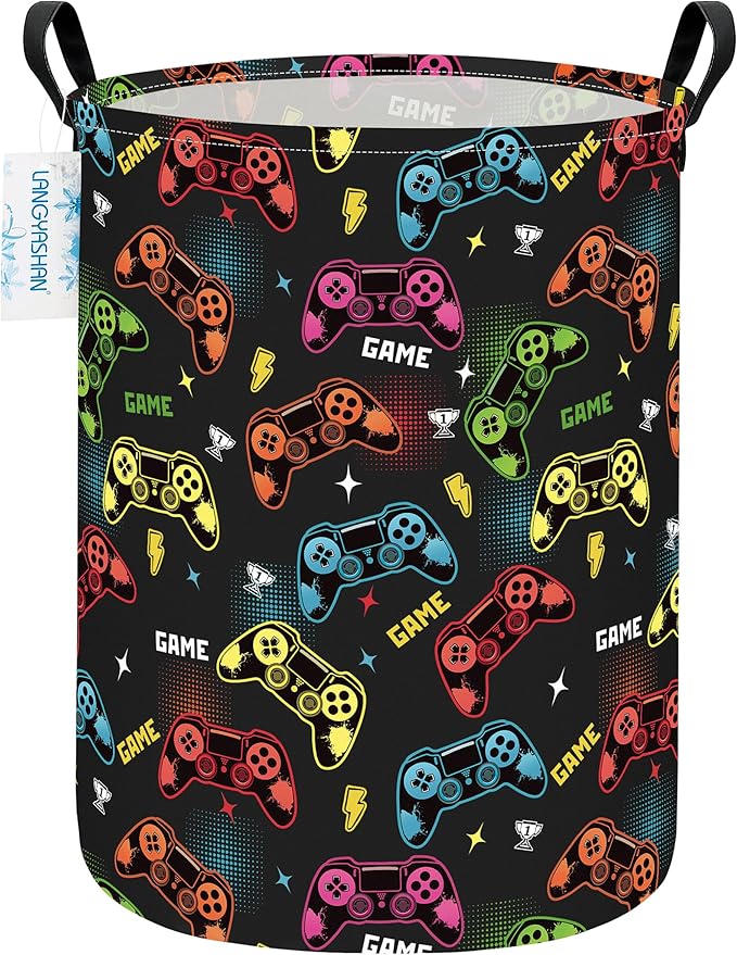 LANGYASHAN Laundry Basket Canvas Fabric Collapsible Organizer Basket for Storage Bin Toy Bins Gift Baskets Bedroom Clothes Children Nursery Hamper (Game)
