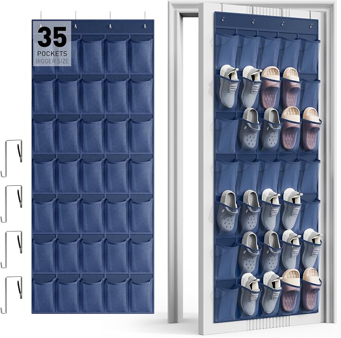 WVM Over the Door Shoe Organizer with 35 Breathable Mesh Pockets, Hanging Shoe Organizer for Door with 4 Metal Hooks, Large Capacity Closet Storage for Shoes, Accessories