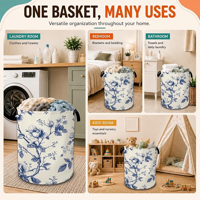 Vintage Blue Flowers Laundry Basket,Botanical Floral Foldable Oxford Laundry Hamper with Handles,Portable Clothes Tote Bag Clothes Storage Bucket Organizer For Bathroom/Laundry Storage/Bedroom