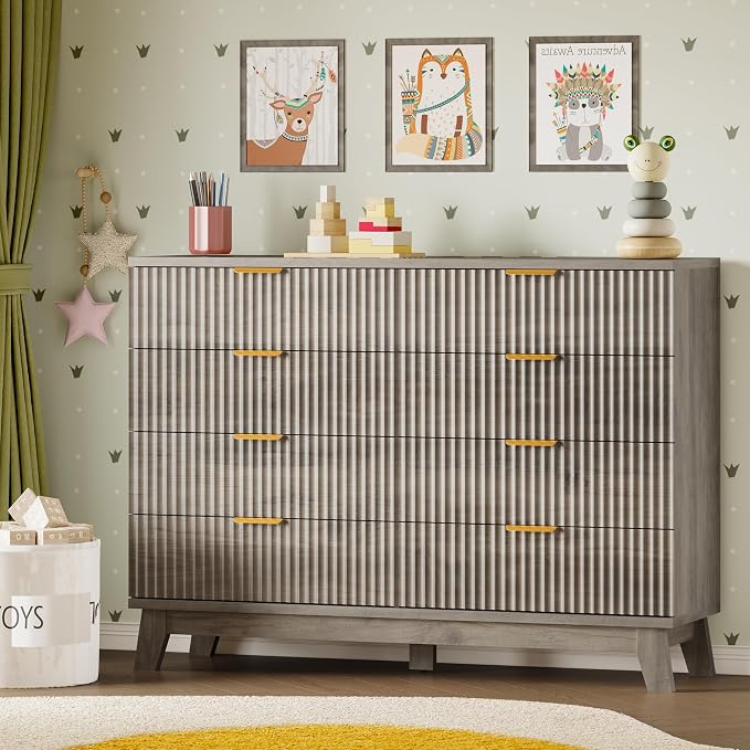 BORNOON Fluted 8 Drawer Tall Dresser, 47.2" Wide Modern Boho Chest of Drawers, Wooden Storage Dresser TV Stand for Bedroom, Living Room, Closet, Hallway, Curved Profile Design